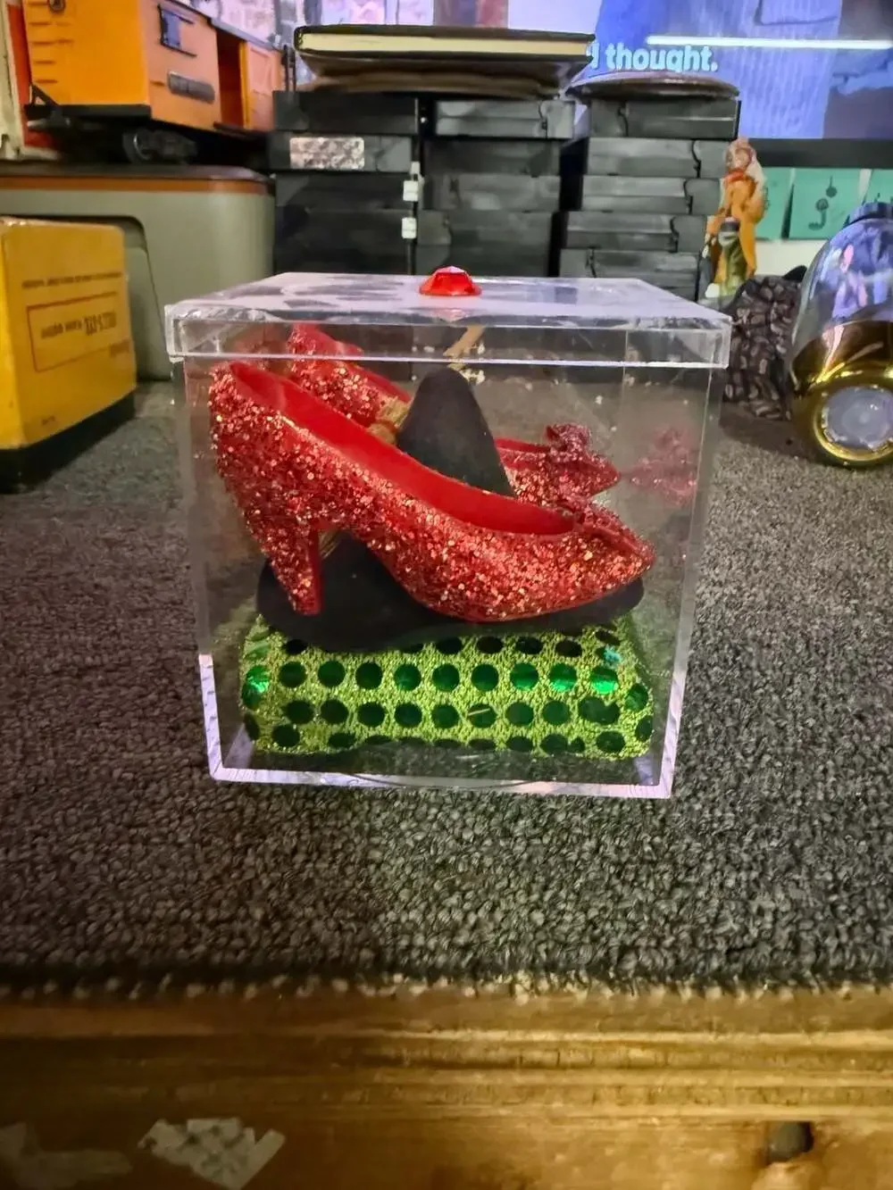 The Wizard of Oz Acrylic Display Case with Miniature Ruby Slippers and Witch Hat
